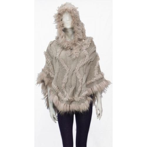 Winter Fur Ladies Beige Knitted Rabbit Poncho With Front Button Closures W05P02BG